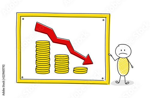 Sad stickman showing whiteboard with coin stacks. Vector.