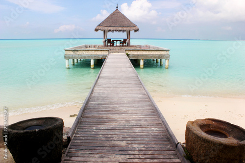 Maldives Island  Indian Ocean .Tropic Beach with White Sand  Azure Water and Wooden Houses 