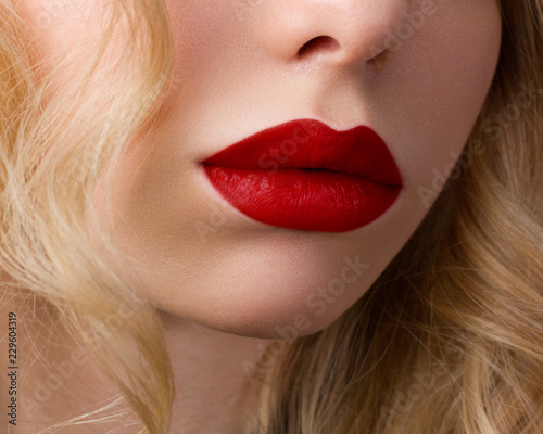 Red Sexy Lips. Open Mouth. Manicure and Makeup. Make up concept.