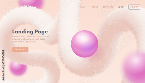 Trendy abstract landing page template for websites, or apps with dynamic spiral fluffy tinsel flow and pink pearl. Vector illustration