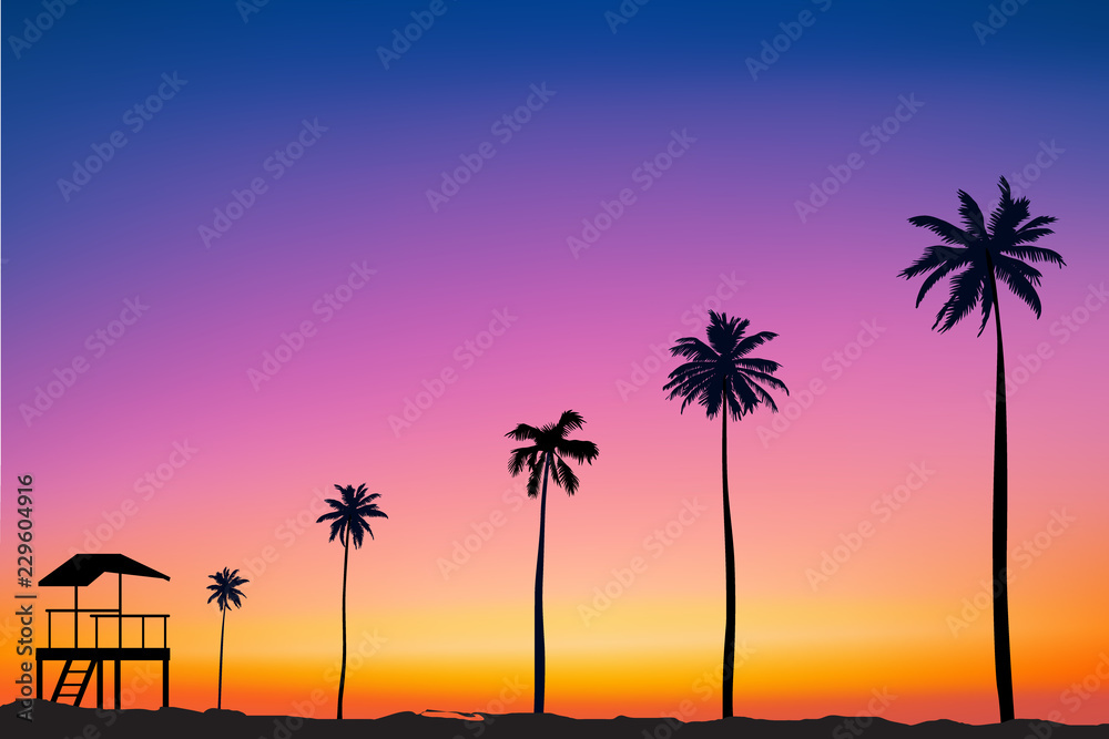 horizontal wide blurred pink orange background - sunset sea colors palm tree