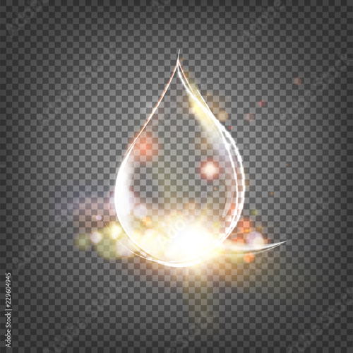 Oil golden drops with sun ray spaks isolated on black tranparent backgtound. Vector illustration contains transparencies, gradients and effects.