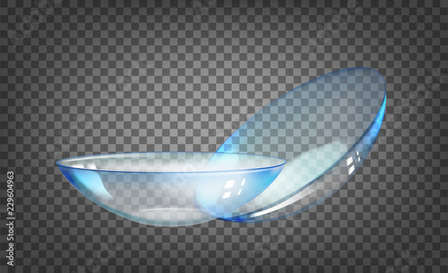 Contact lens over the black transparent background. Science illustration with eye care lenses. Vector illustration.