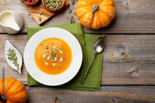 Vegetarian pumpkin cream soup. Autumnal pumpkin soup.