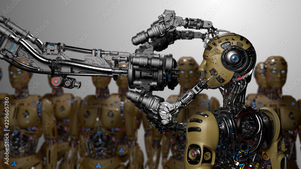 Futuristic Robot Man or cyborg is being constructed by robotic arms or mechanical hands. Isolated on gray background. 3D Render. Futuristic Robot Man or cyborg is being constructed by robotic arms or mechanical hands. Isolated on gray background. 3D Render.