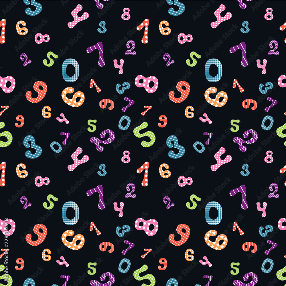 Seamless pattern with hand drawn colorful textured numbers on dark blue background. Seamless pattern with hand drawn colorful textured numbers on dark blue background.