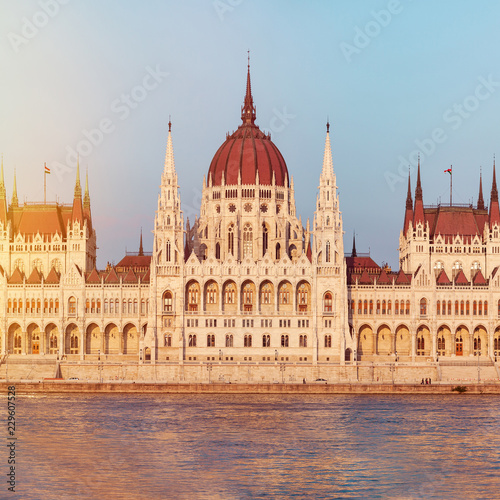 Parliament building in Budapest, Hungary. Building facade with reflection in water. Beautiful sunset light