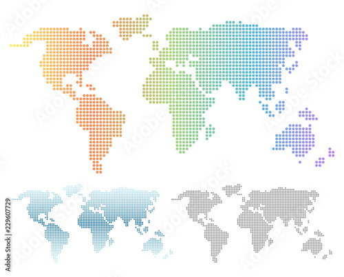 Pixel dots vector world map in color and in grey. Colorful rainbow and blue gradient dotted world map.