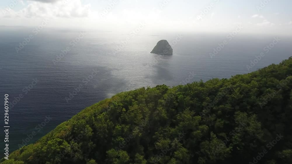 Aerial drone shot over morne l'archer. zoom in to le rocher du diamant 