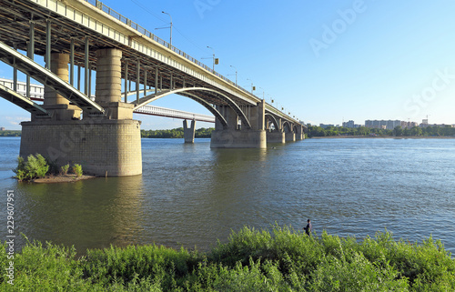 View of the bridge and the river Ob summer day in Novosibirsk