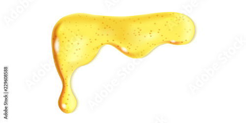 Melted honey transparent drop with bubbles texture. Vector design of isolated leaking syrup stain. Realistic illustration of sweet liquid flowing down