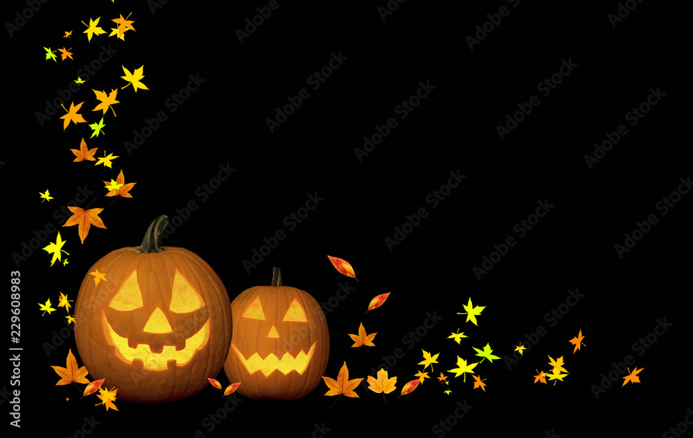 Halloween, calabazas con hojas, fondo negro para escribir texto. Stock  Illustration | Adobe Stock
