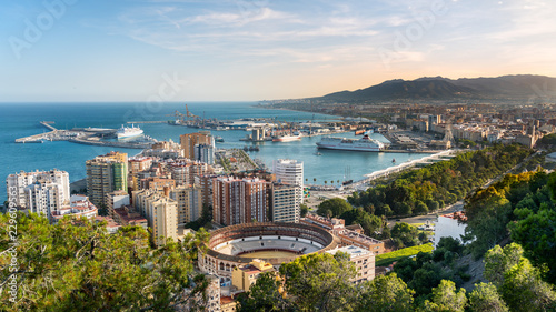 Aerial panoramic view of Malaga city, Andalusia, Spain in a beautiful summer day