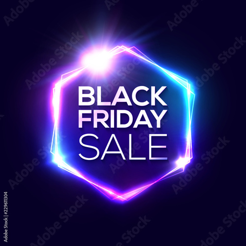 Black Friday design with neon light frame. Hexagon logo. Shapes vector background for November seasonal sale event with glowing text.