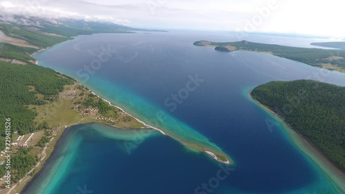 Aerial drone shot moving forward over Khuvsgul lake Mongolia. Sunny afternoon photo