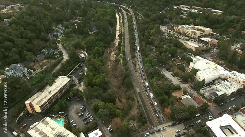 An aerial view of traffic jams on Highway 17 and Main St in Los Gatos after heavy rains, flooding, and mudslides in the Santa Cruz Mountains in early 2017