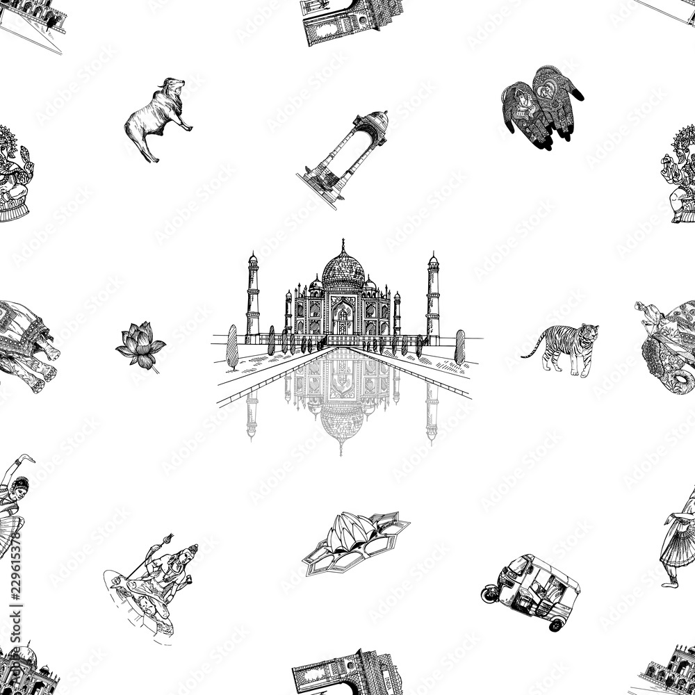 Seamless pattern of hand drawn sketch style India themed objects isolated on white background. Vector illustration. Seamless pattern of hand drawn sketch style India themed objects isolated on white background. Vector illustration.