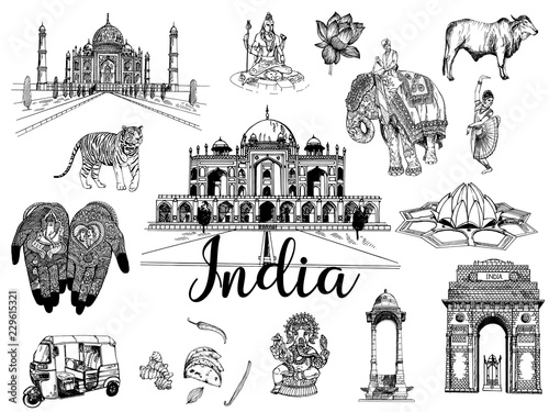 Set of hand drawn sketch style India themed objects isolated on white background. Vector illustration.