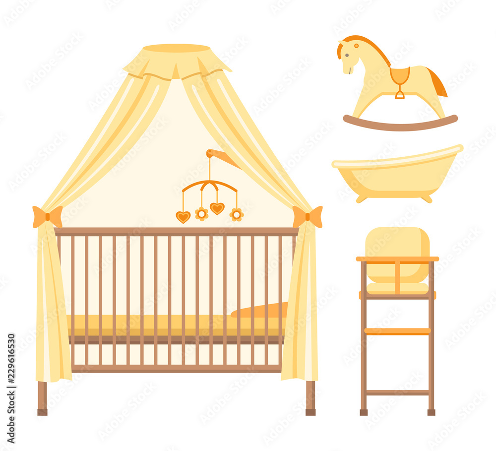 Cot, rocking horse, high chair and baby bath. Set of isolated objects on a white background. Vector illustration. Cot, rocking horse, high chair and baby bath. Set of isolated objects on a white background. Vector illustration.