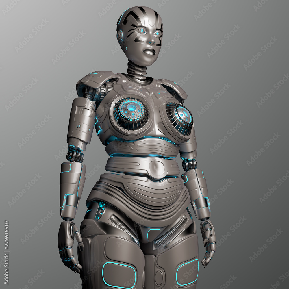 Robot Woman or Female Cyborg on gray background. 3D render Robot Woman or Female Cyborg on gray background. 3D render