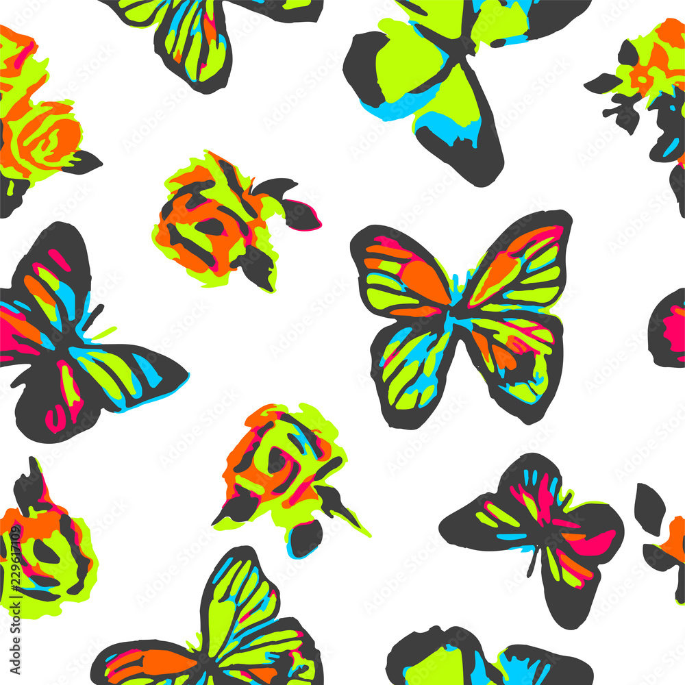 Butterflies seamless pattern for girls with colorful insects and rosses. Girlish print with neon butterfly