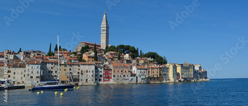 Rovinj old town peninsular with the Church of St. Euphemia on the Adriatic Coast Line Istria Croatia.