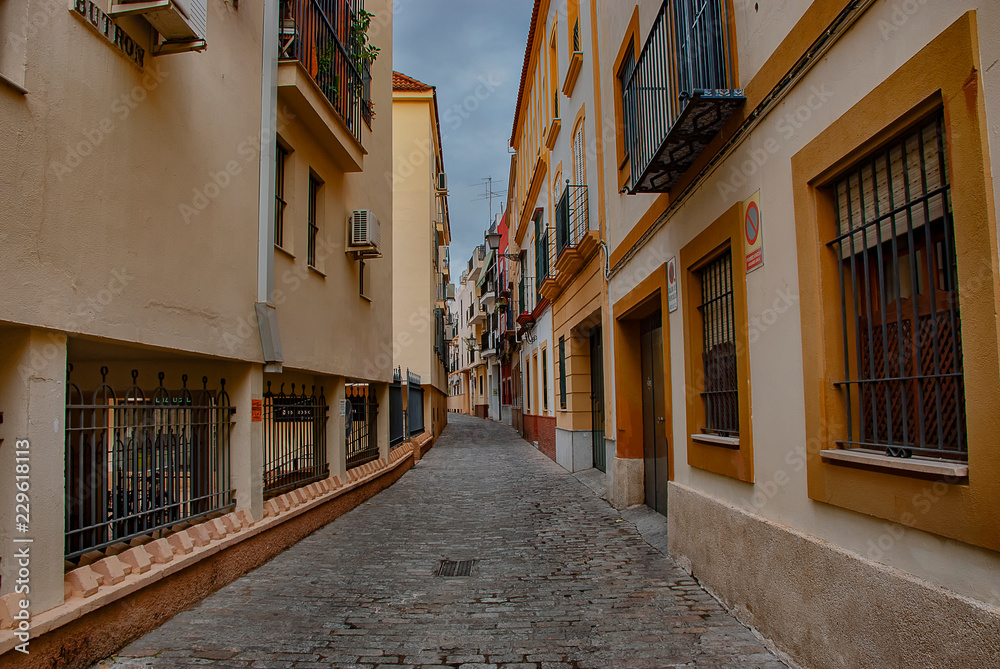 Fototapeta premium Building exteriors along the narrow streets of Seville, Spain