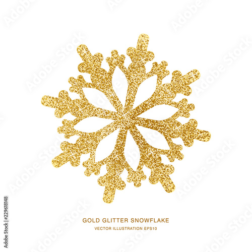 Gold glitter texture snowflake isolated on white background. Vector illustration.