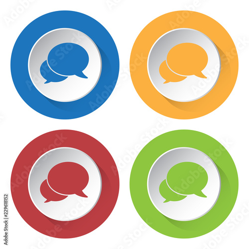 four round color icons, two speech bubbles
