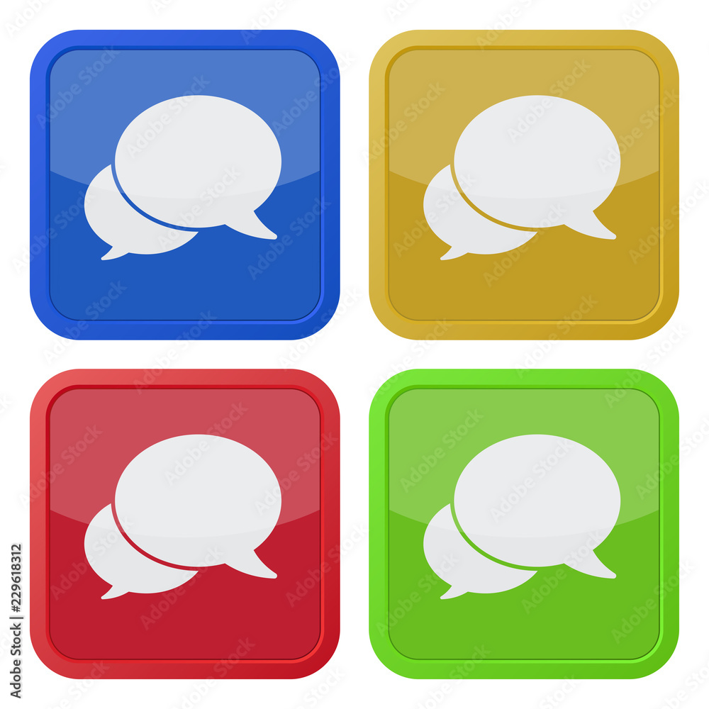 four square color icons, two speech bubbles