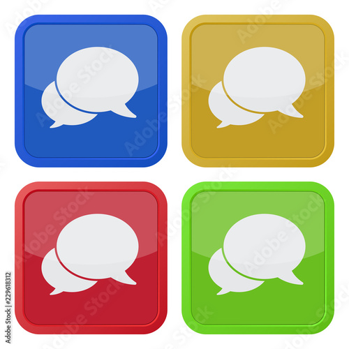 four square color icons, two speech bubbles