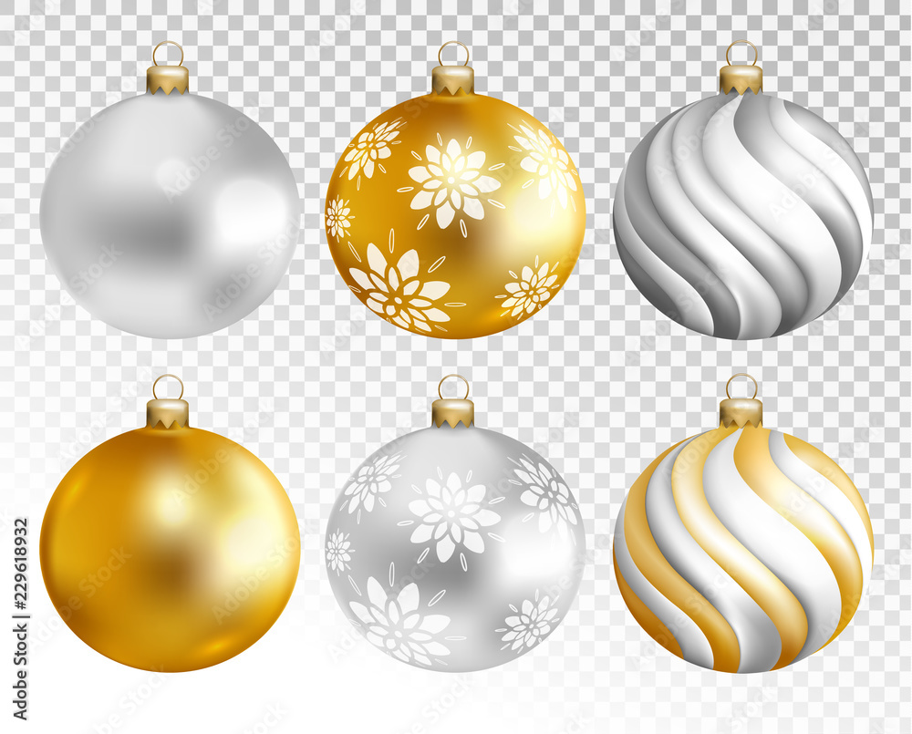 Christmas balls set isolated on transparent background. Holiday christmas toy for fir tree. Vector illustration.