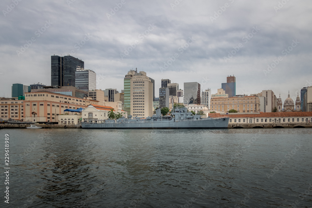 Downtown Rio de Janeiro skyline with an old submarine from Guanabara Bay - Rio de Janeiro, Brazil