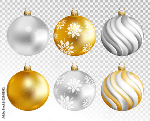 Christmas balls set isolated on transparent background. Holiday christmas toy for fir tree. Vector illustration.