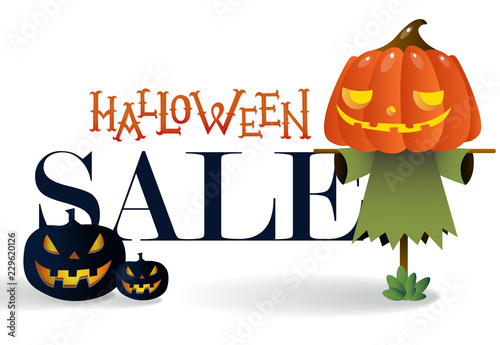 Halloween sale with cartoon straw man banner design. Creative lettering with cartoon straw man and pumpkins on white  background. Can be used for seasonal sale, shops, banners, advertisement