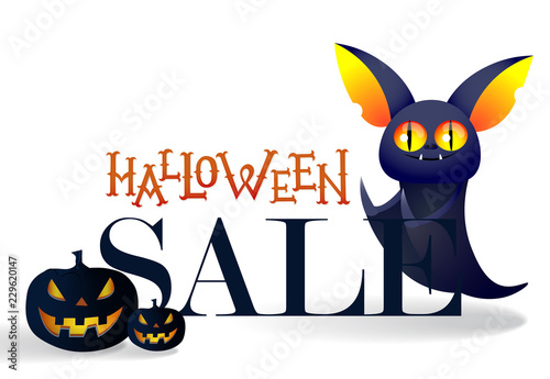 Halloween sale with cute cartoon bat banner design. Creative lettering with cartoon huge cute bat and pumpkins on white background. Can be used for seasonal sale, shops, banners, advertisement