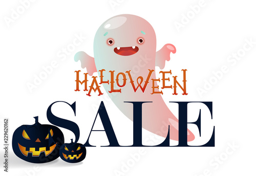 Halloween sale with cute cartoon poltergeist banner design. Creative lettering with cartoon cute ghost and pumpkins on white  background. Can be used for seasonal sale, shops, banners, advertisement