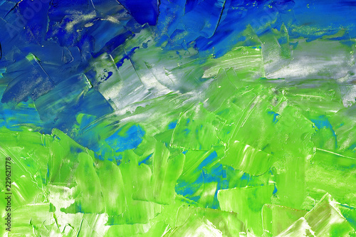 Abstract background in blue and green tones, brush strokes with oil paints on canvas