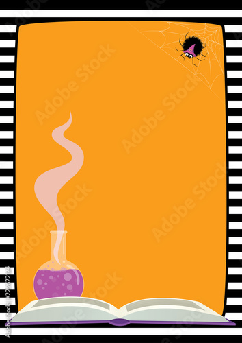 Vector Halloween background, striped border. Illustration of a cute fluffy spider in a purple witch hat sitting on its web, a flask with lilac potion, an open book. Vertical A4 format, place for text.