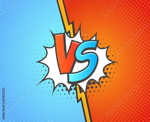 Versus battle background template vector illustration. Blue vs red with explosion cloud pop art style