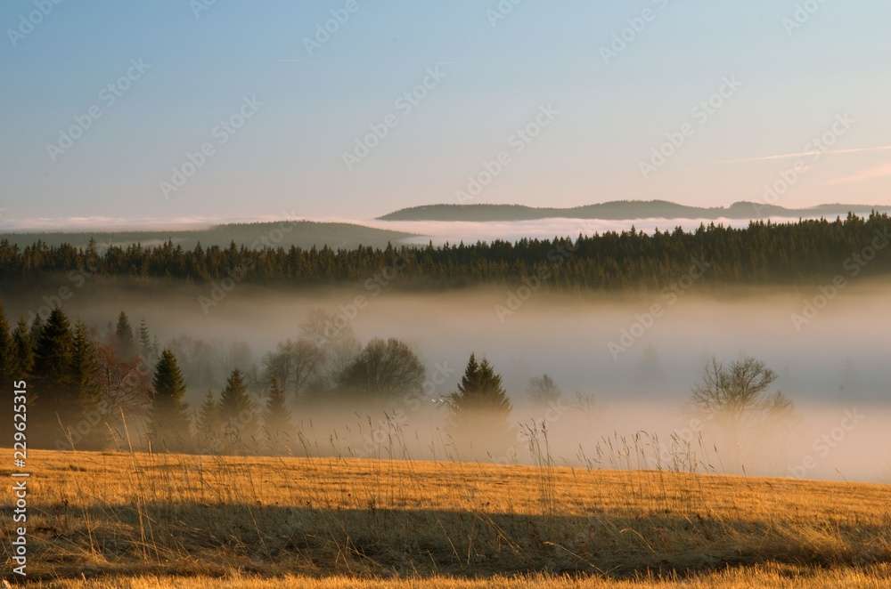 During the sunset we ascended above the mist. Captured in Zhuri settlement in Sumava mountains in Czech republic. During the sunset we ascended above the mist. Captured in Zhuri settlement in Sumava mountains in Czech republic.