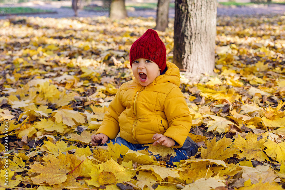 boy in a yellow jacket and a red knitted hat boy in a yellow jacket and a red knitted hat