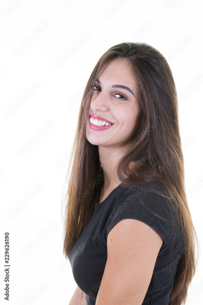 brunette smile happy young woman on white background brunette smile happy young woman on white background
