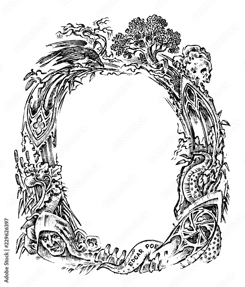 Vintage frame with flowers and mythical creatures. Antique Victorian