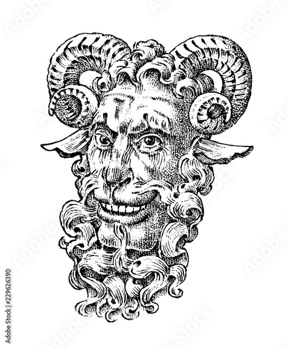Faun or Satyr in ancient mythology. Fantasy Greek creature. Forest deity. Vintage engraving style. hand drawn old monochrome sketch. Vector illustration.