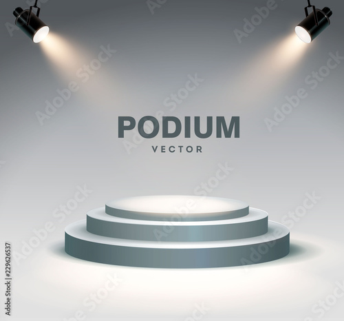 Round podium illuminated by searchlights. Stock vector illustration.