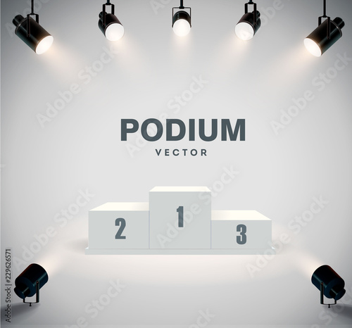 Round podium illuminated by searchlights. Stock vector illustration.