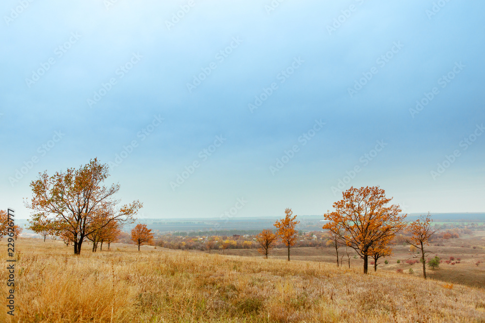 Bright and warm landscapes in the autumn. Hills, fields and trees Bright and warm landscapes in the autumn. Hills, fields and trees