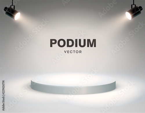 Round podium illuminated by searchlights. Stock vector illustration.