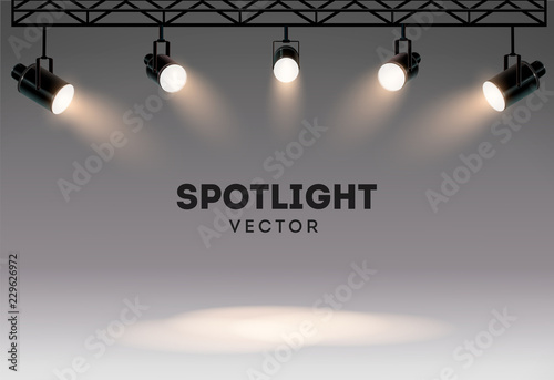 Spotlights with bright white light shining stage vector set. Illuminated effect form projector, illustration of projector for studio illumination